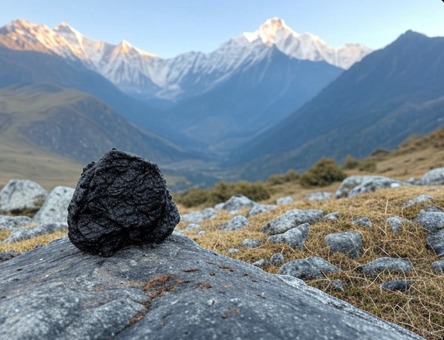 Shilajit mit Himalaya im Hintergrund