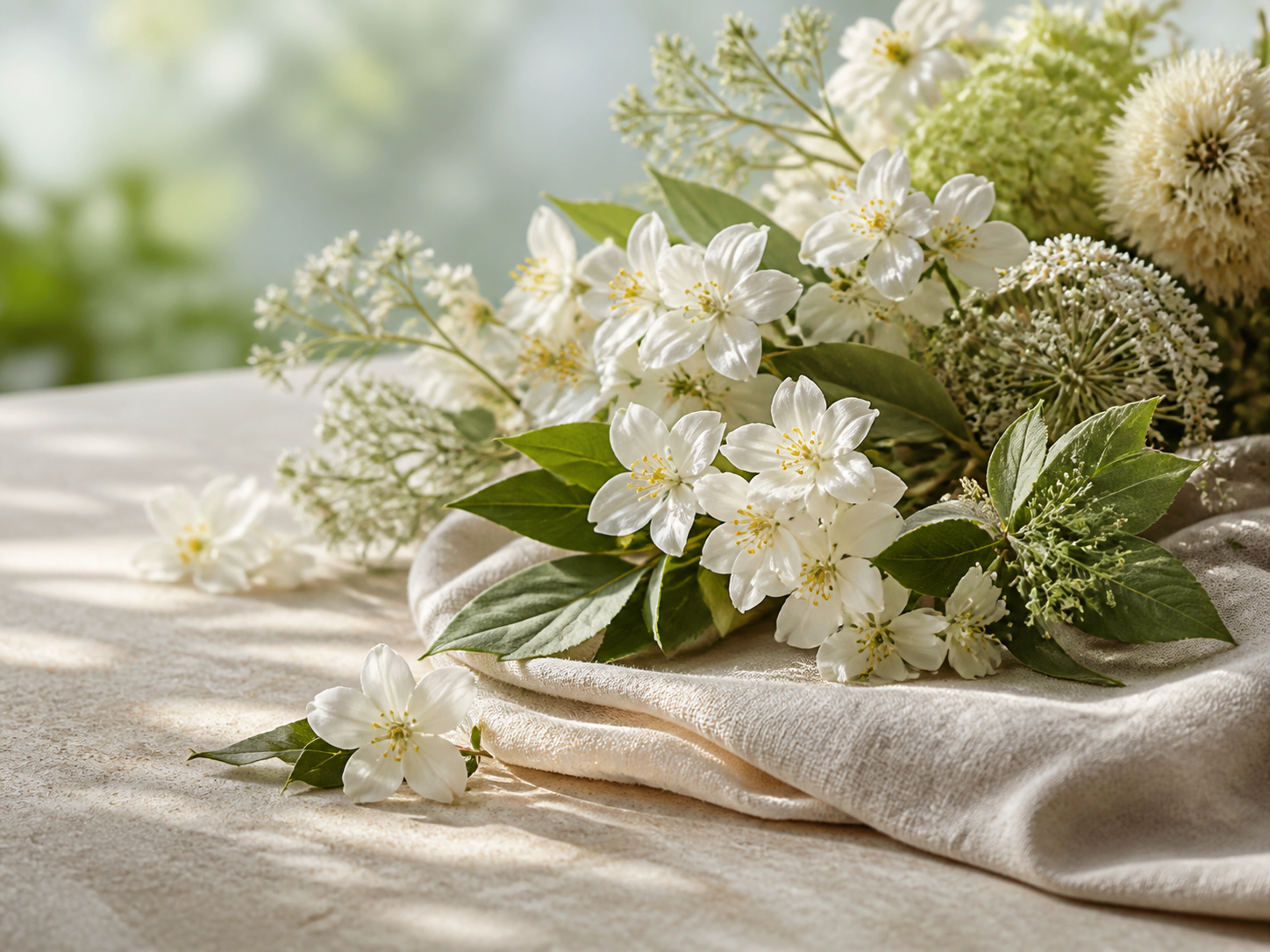 Weisser Jasmin in einer hellen botanischen Komposition