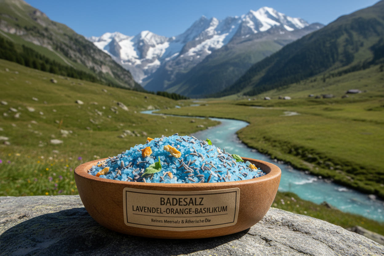 Blaues Badesalz mit Lavendel, Orange und Basilikum in einer Holzschale vor Berglandschaft