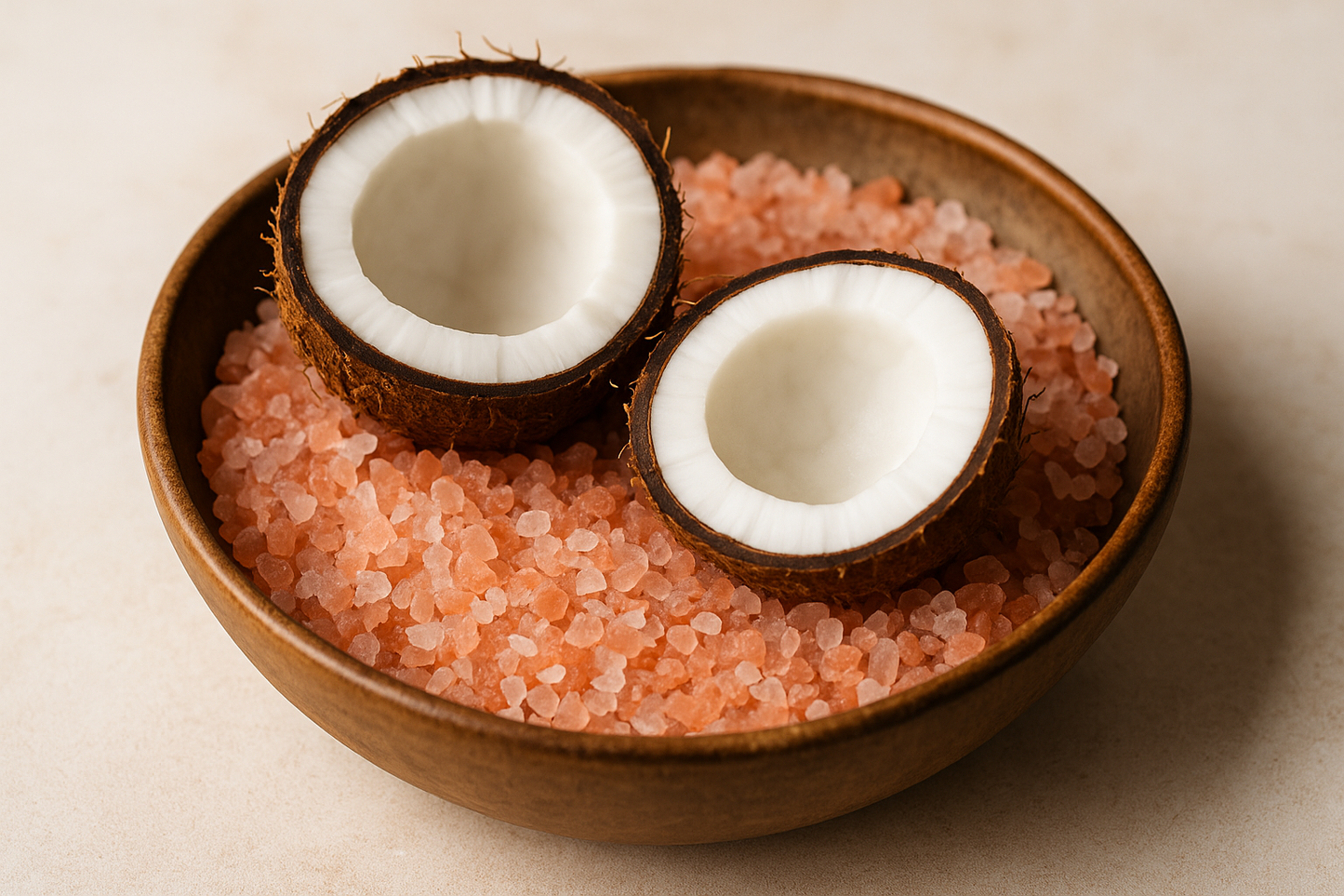 Cocoshälften und Himalayasalz in Schale