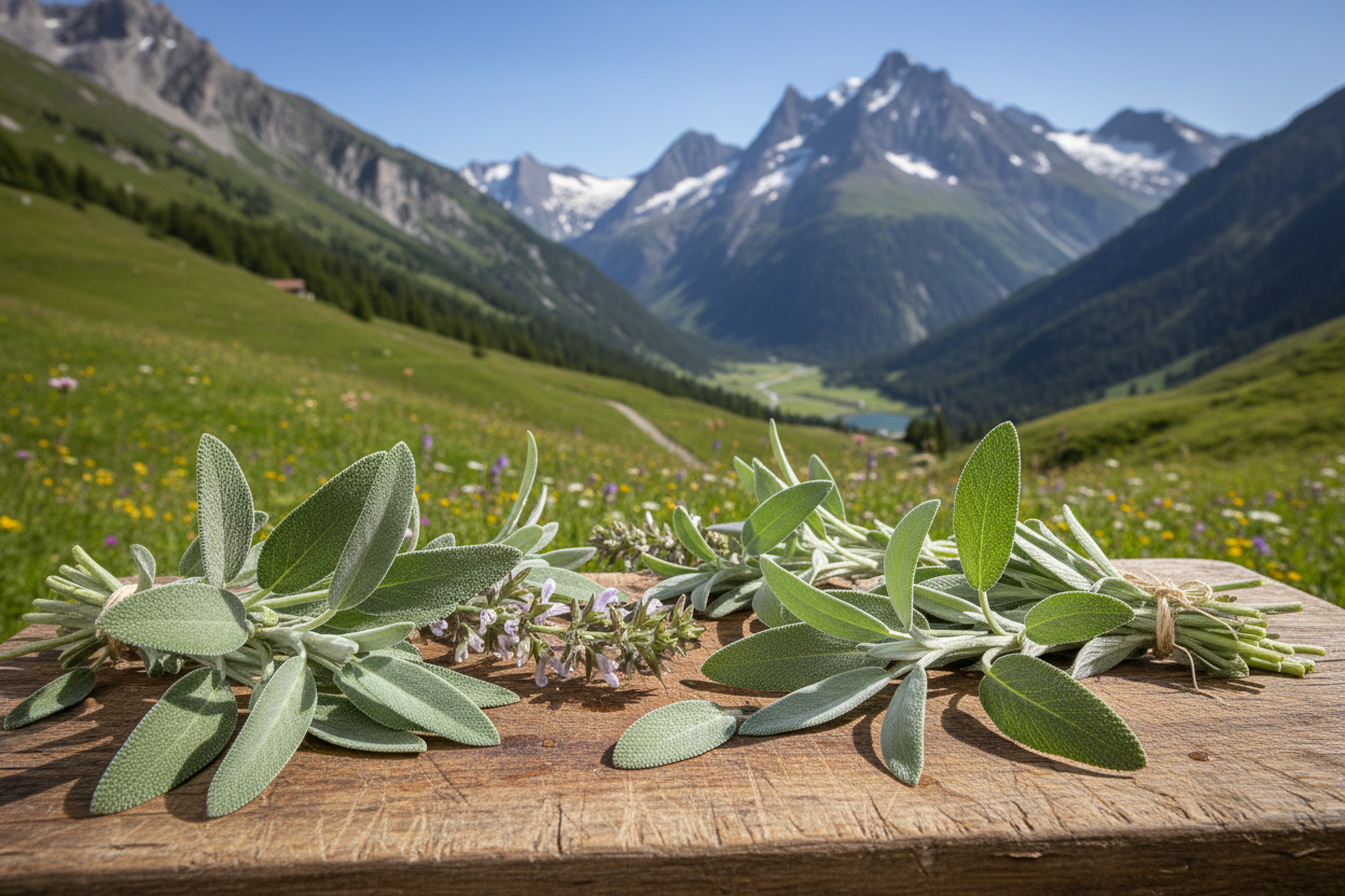 Dreilappiger Salbei (Salvia triloba) auf einem Holzbrett vor Schweizer Naturlandschaft