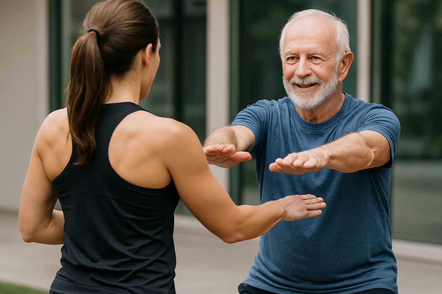 Eine braunhaarige Frau sieht man von hinten, wie sie mit einem älteren Herrn ein Personal Training durchführt
