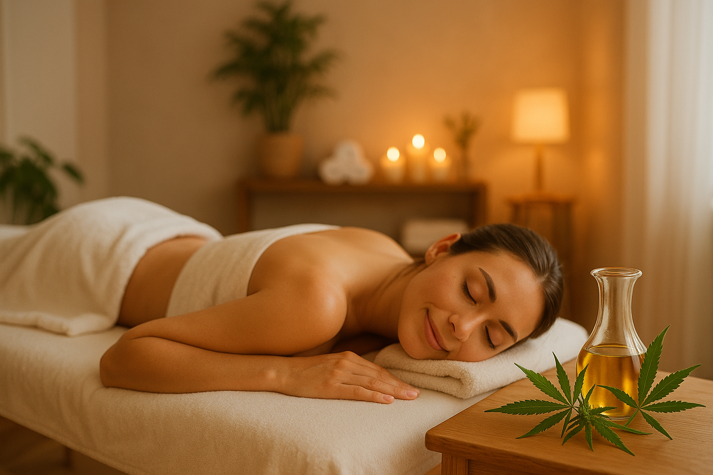 Eine Frau liegt auf einer Massageliege, der Raum strahlt eine angenehme, ruhige Atmosphäre aus und man sieht das goldene Öl in einem Glasgefäss auf einem Tisch neben der Liege stehen. Neben dem Gefäss befindet sich eine ein Hanfzweig