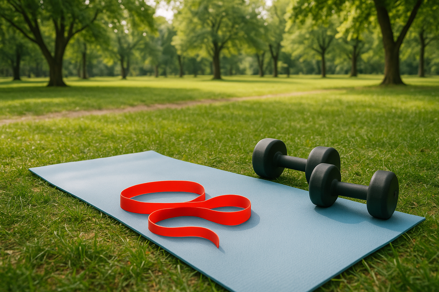 Eine Matte, ein Terraband, zwei Kurzhanteln liegen im Park - bereit für ein Training