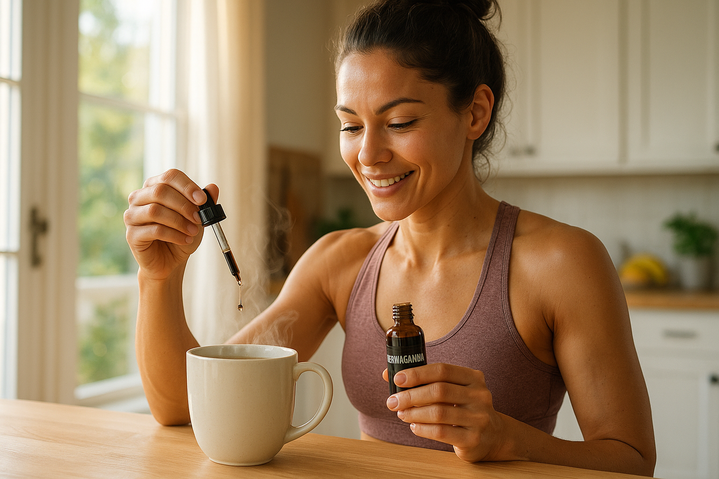 Eine sportliche, dynamische Frau die am Morgen sich Ashwagandha in den Tee tropft
