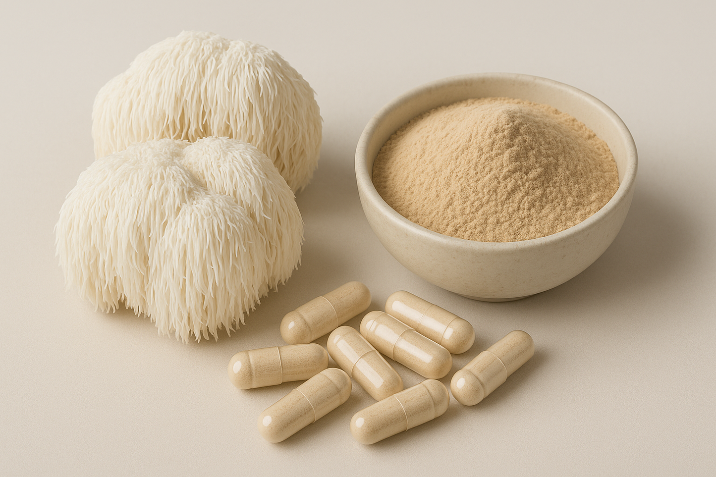 Lions Mane getrocknet daneben eine kleine Schale mit Lions Mane Pulver Und ein kleiner haufen Lionsmane Kapseln
