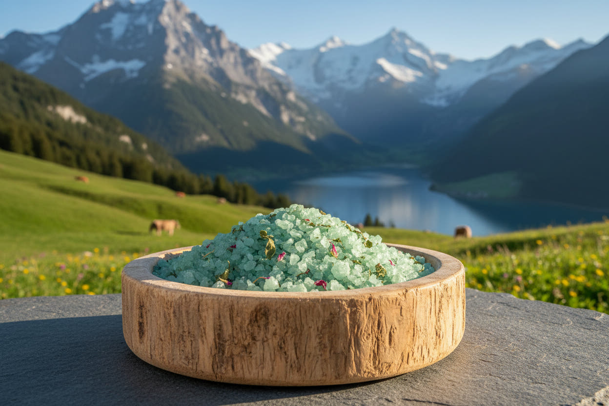 Grünes Badesalz mit kleinen Pflanzenteilen in einer Holzschale vor Berg- und Seenlandschaft