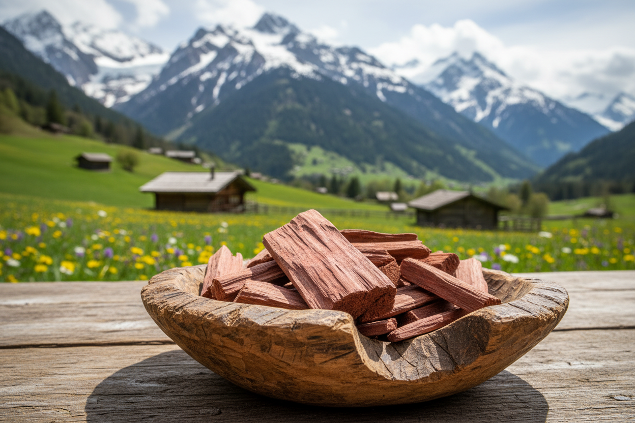 rotes geschnittenes Sandelholz in eine Holzschüssel vor Schweizer Naturlandschaft