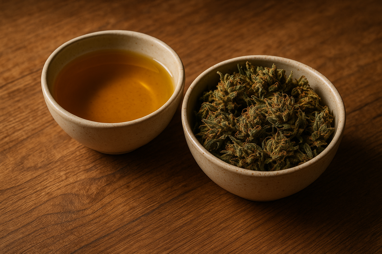 Schale mit goldenem ÖL und einer Schale mit Hanfblüten auf einem Holztisch harmonisch arragniert