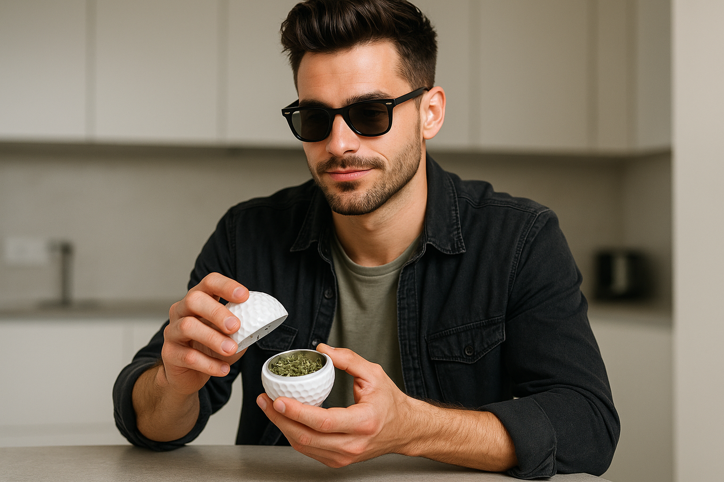 sein grinder ist ein golfball und er mahlt kräuter