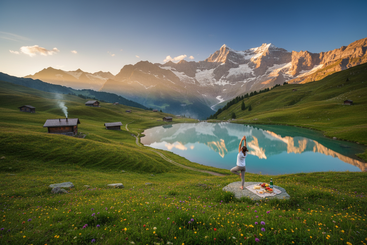 Schweizer Naturlandschaft, mit einer Frau die Yoga praktiziert 