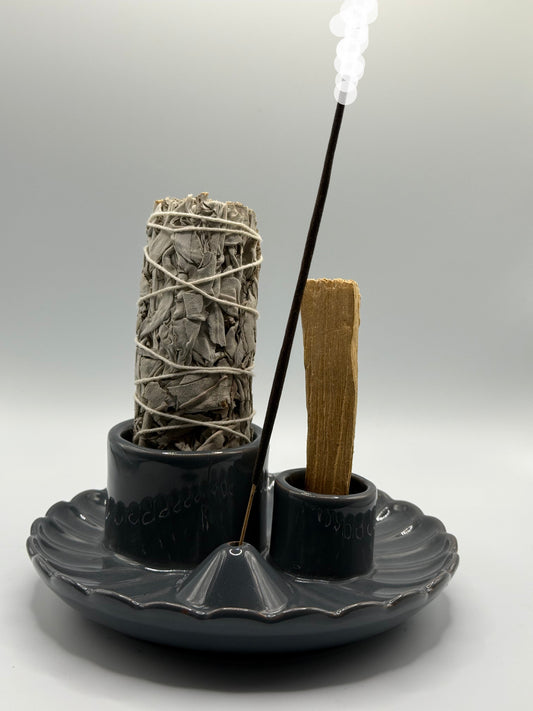 Palo Santo Stäbchen & Smudge-Halter – Lotusblüte – Grau glänzend