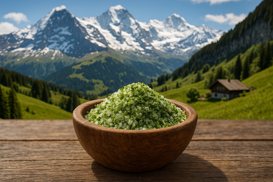 Bärlauchsalz in Schale vor einer schweizer Bergkulisse