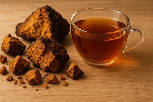 Chaga Brocken Goldbraun und ein Glas Bernsteinfarbender Tee