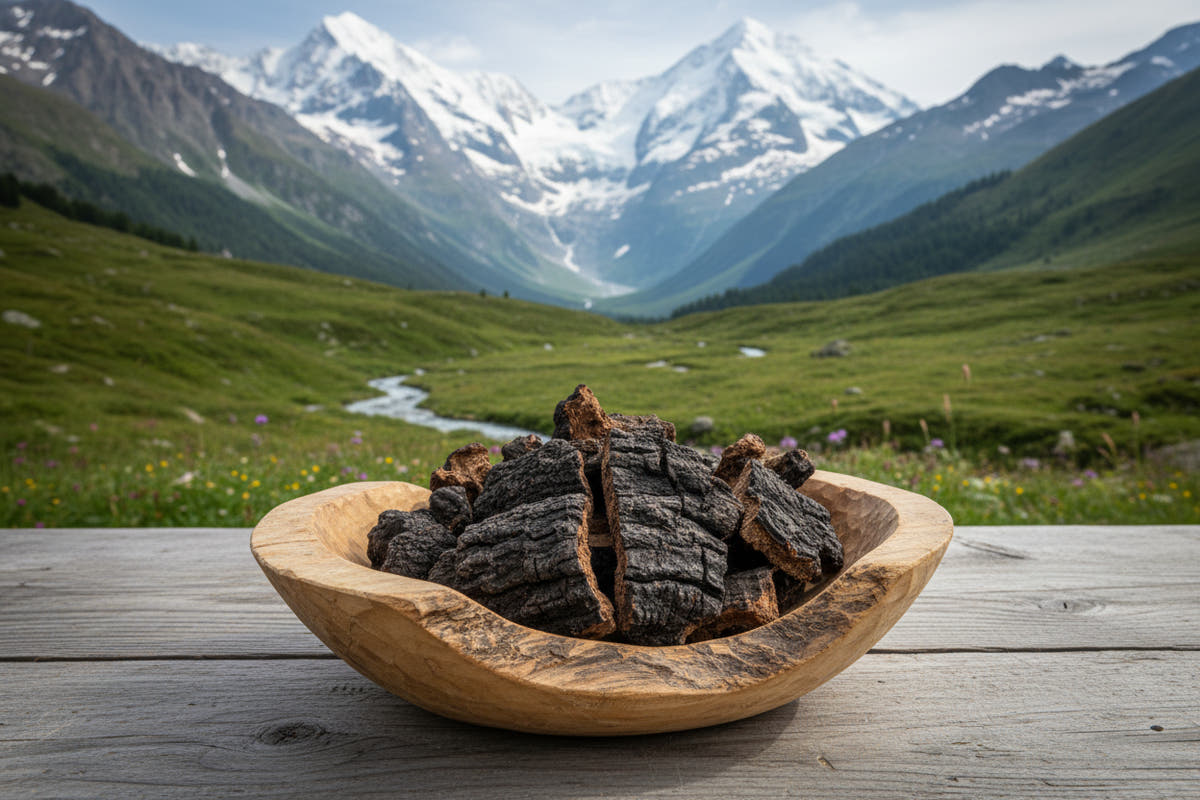 chaga brocken in holzschale vor Schweizer Naturlandschaft