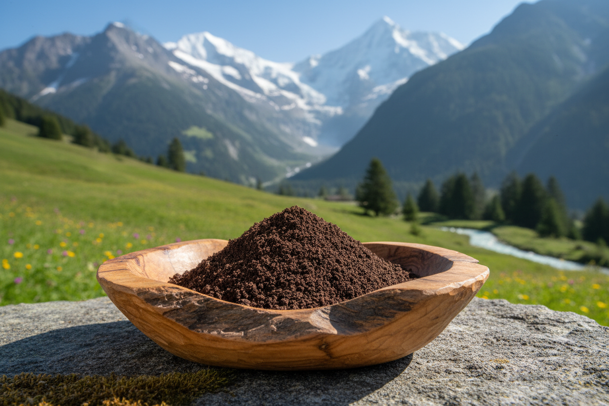 Chaga pulver in Holzschale vor Schweizer Naturlandschaft