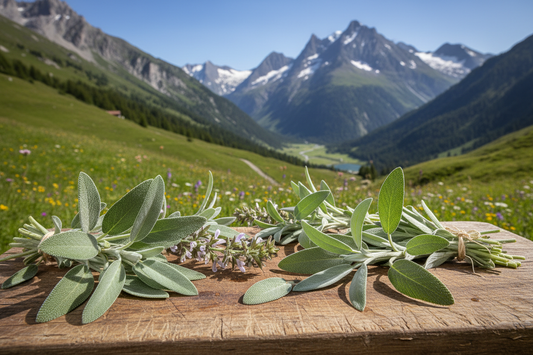 Dreilappiger Salbei (Salvia triloba)  auf einem Holzbrett vor Schweizer Naturlandschaft