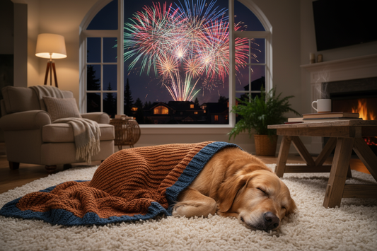 entspannter hund im wohnzimmer, trotz feuerwerk draussen 