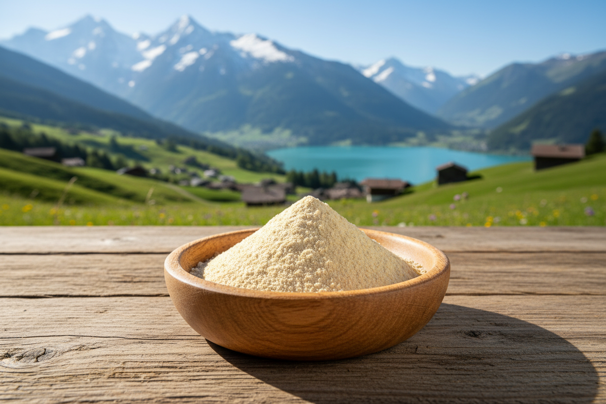 fisetin pulver in einer Holzschale vor schweizer Naturlandschaft