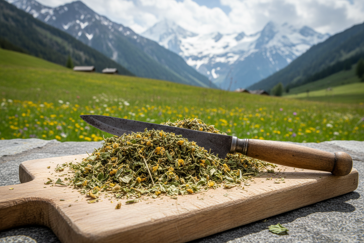 geschnittene Damiana blüten und Kraut mit Messer auf einem Holzbrett in schweizer landschaft