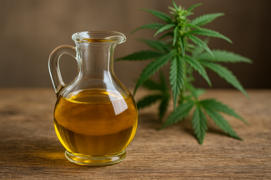 Glasgefäss mit goldenem Öl auf einem Holztisch. Im Hintergrund befindet sich eine Hanfpflanze