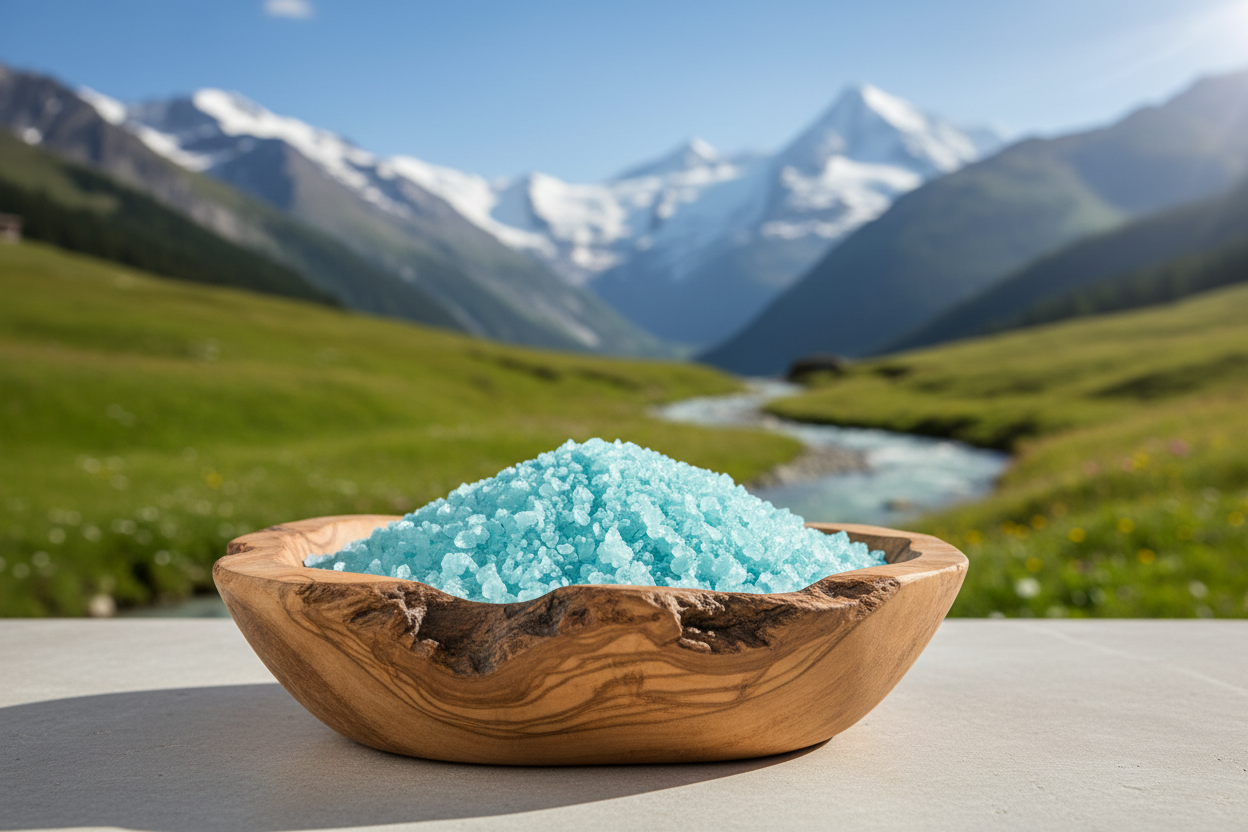 hellblaues Badesalz in Holzschale vor schweizer Naturlandschaft