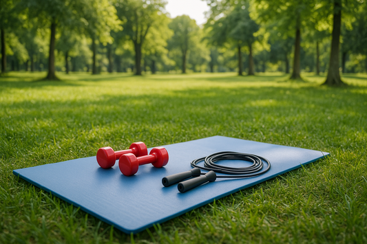 In einem Park liegt eine Fitnessmatte, zwei kleine rote Kurzhanteln und ein Springseil bereit für ein Training