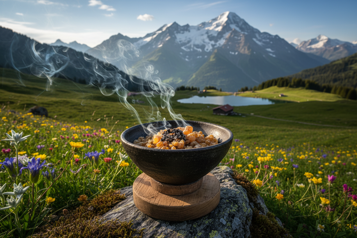 Myrre harz in einer Räucherschale in schweizer Landschaft 