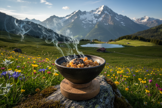 Myrre harz in einer Räucherschale in schweizer Landschaft 