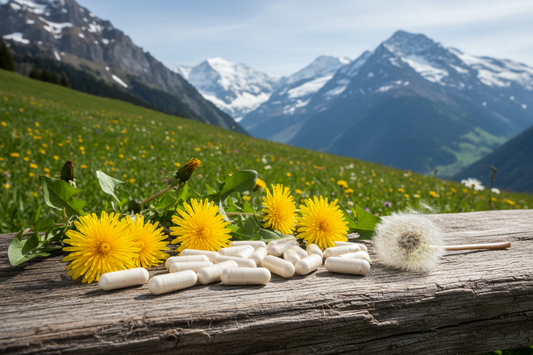 Schweizer Naturlandschft mit Löwenzahnkapseln und Löwenzahnblüzen auf einem Holzbrett ohne glas etc.
