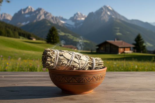 smudge stick aus weissen Salbei in einer Räucherbehälter vor schweizer landschaft