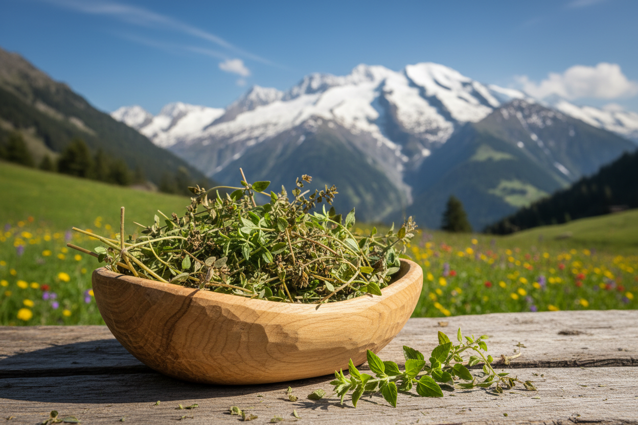 Verbene geschnitten in Holzschüssel vor schweizer Naturlandschaft 