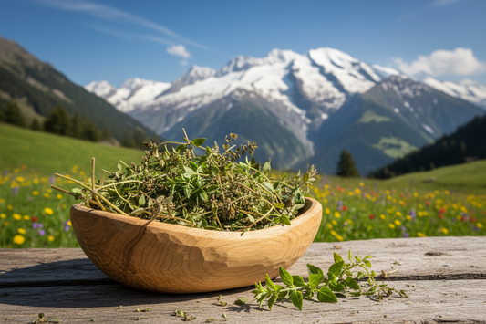 Verbene geschnitten in Holzschüssel vor schweizer Naturlandschaft 