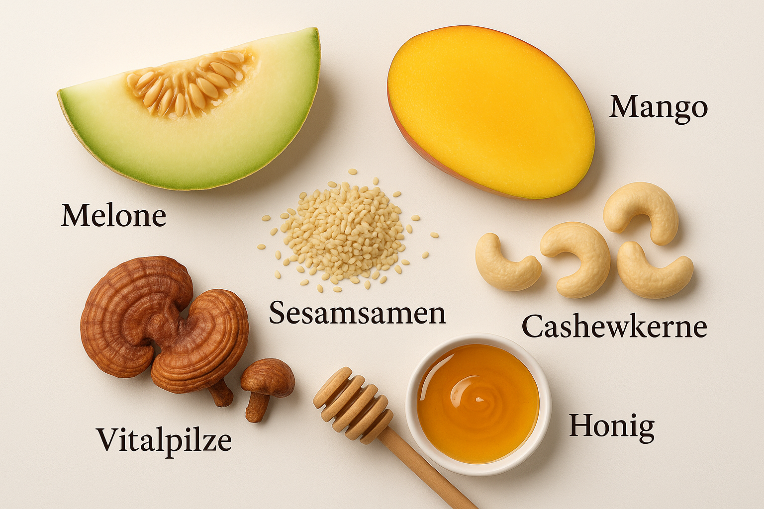 Zutaten des Fruchtriegels pur anzeigen: Melone, Mango, Sesamsamen, Cashewkerne, Vitalpilze, Honig